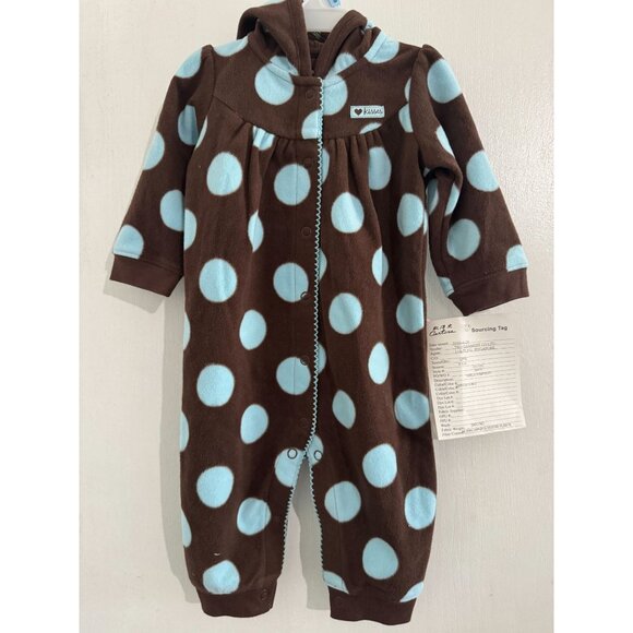 Carters 6 Months Brown & Blue Polka Dot Hooded Fleece Baby Romper With Snaps - Picture 1 of 3